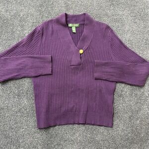 Lauren Ralph Lauren Sweater Womens Petite Large Purple Ribbed Cotton Pullover